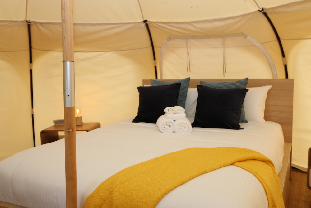 Daylesford-Glamping-Serenity-- Luxurious Queen Bed from Pole View
